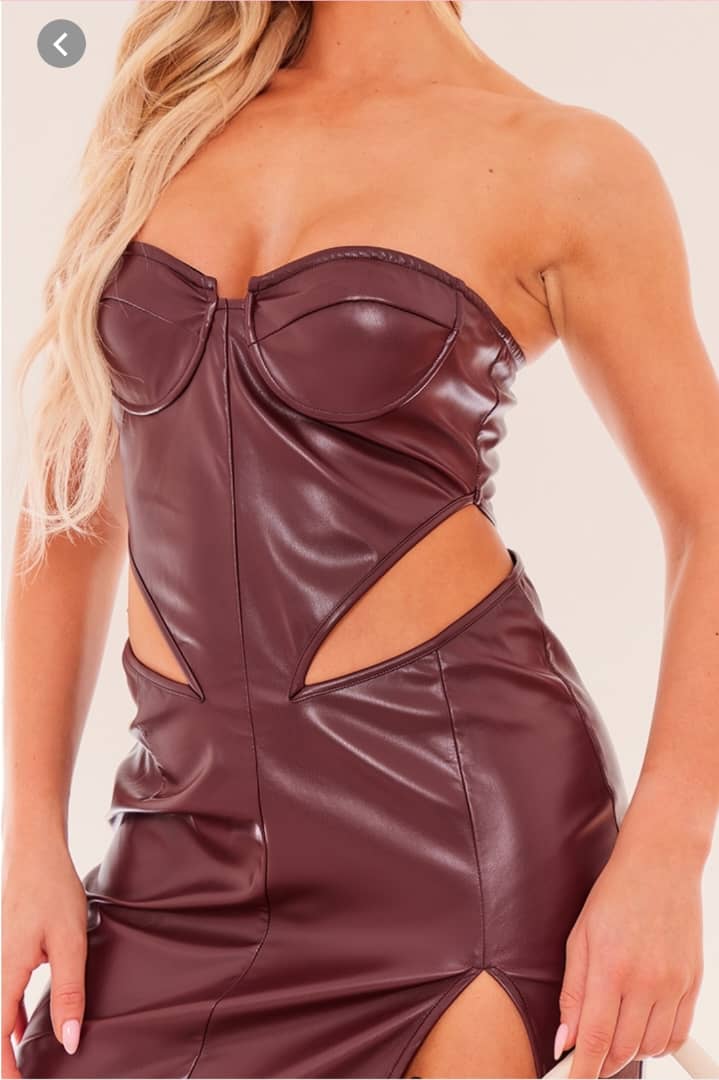 Chocolate brown faux Leather corset cut out Bandeau maxi dress.