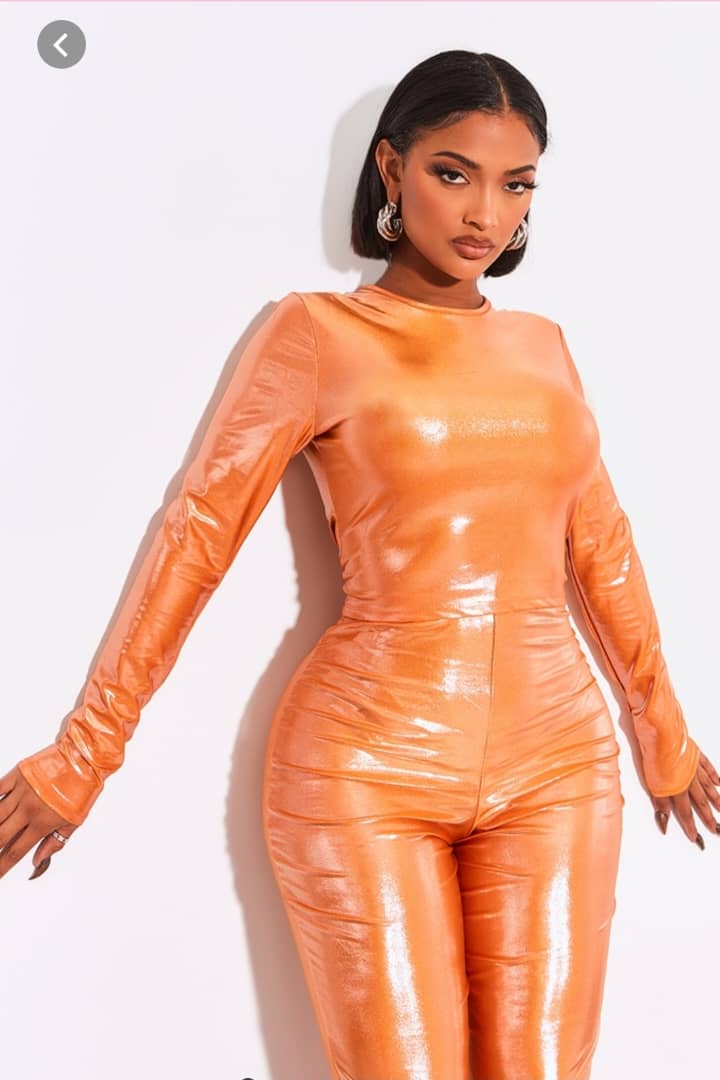 Shape Orange metallic flare Trousers outfit