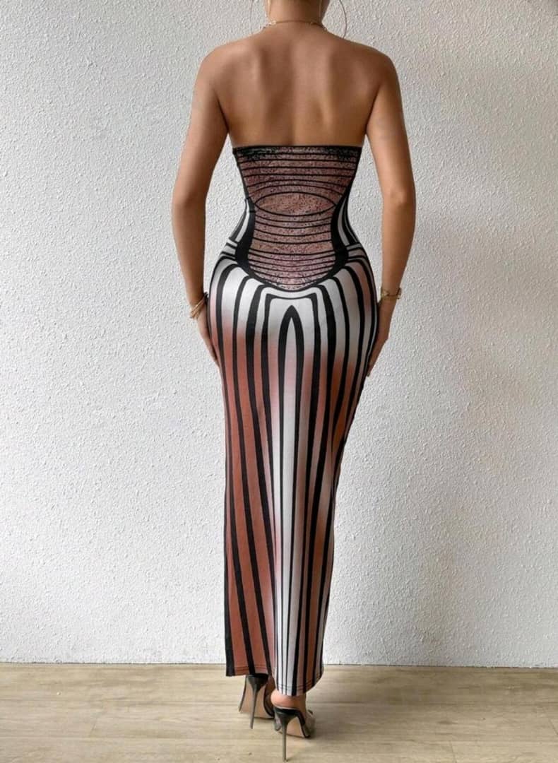 Strapless Striped Print Maxi Dress