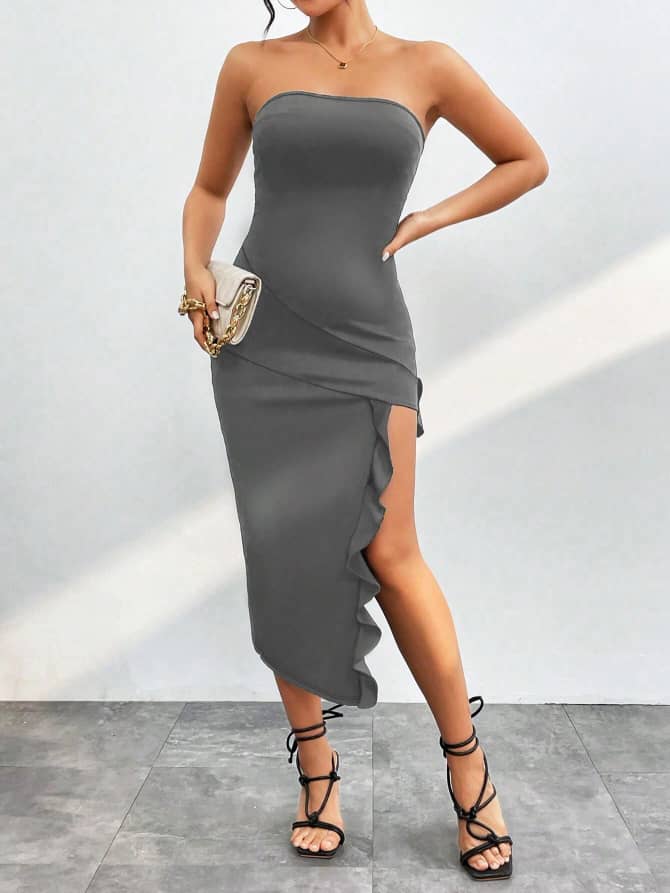 Strapless Ruffle High Slit Dress