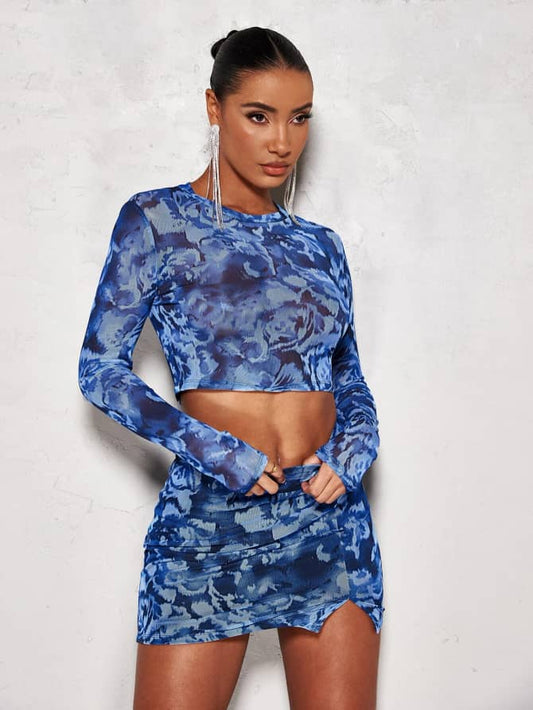 Allover Print Crop Mesh Top & Split Hem Skirt