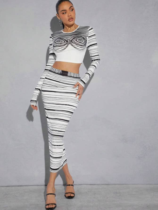 High Graphic Striped Crop Top & Skirt Set