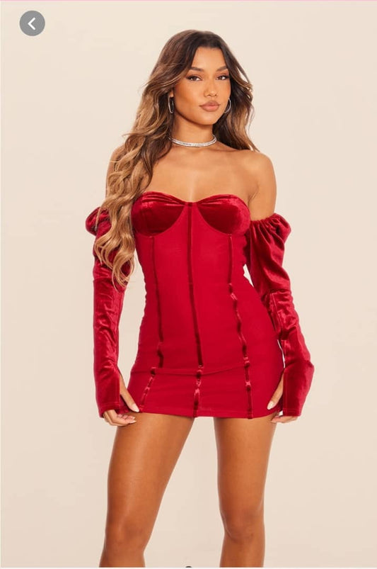 Dark Red Velvet Mesh corset detail long Sleeve dress.