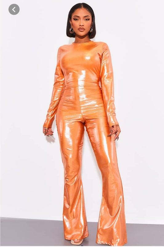 Shape Orange metallic flare Trousers outfit