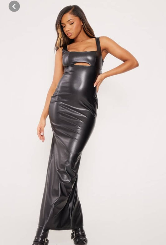 Black Faux leather Cut out Midaxi Dress