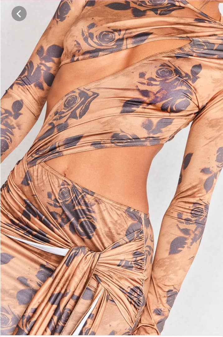 Light brown Blurred Rose print cut out long sleeve drape Dress.