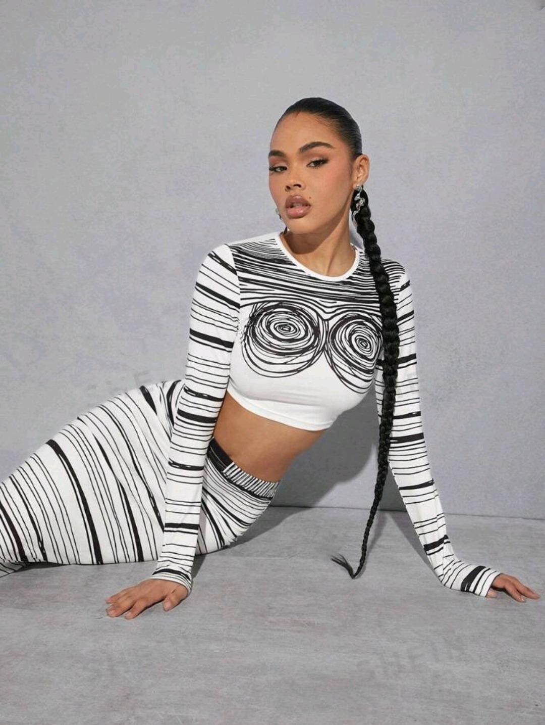 High Graphic Striped Crop Top & Skirt Set