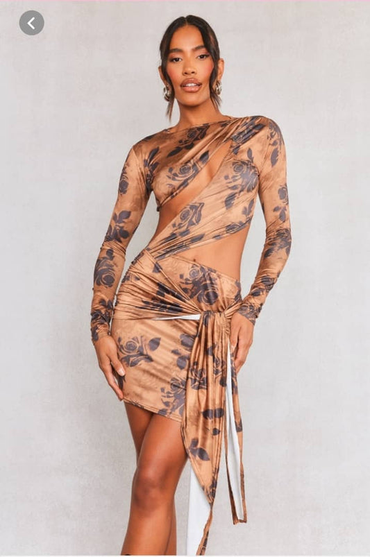 Light brown Blurred Rose print cut out long sleeve drape Dress.