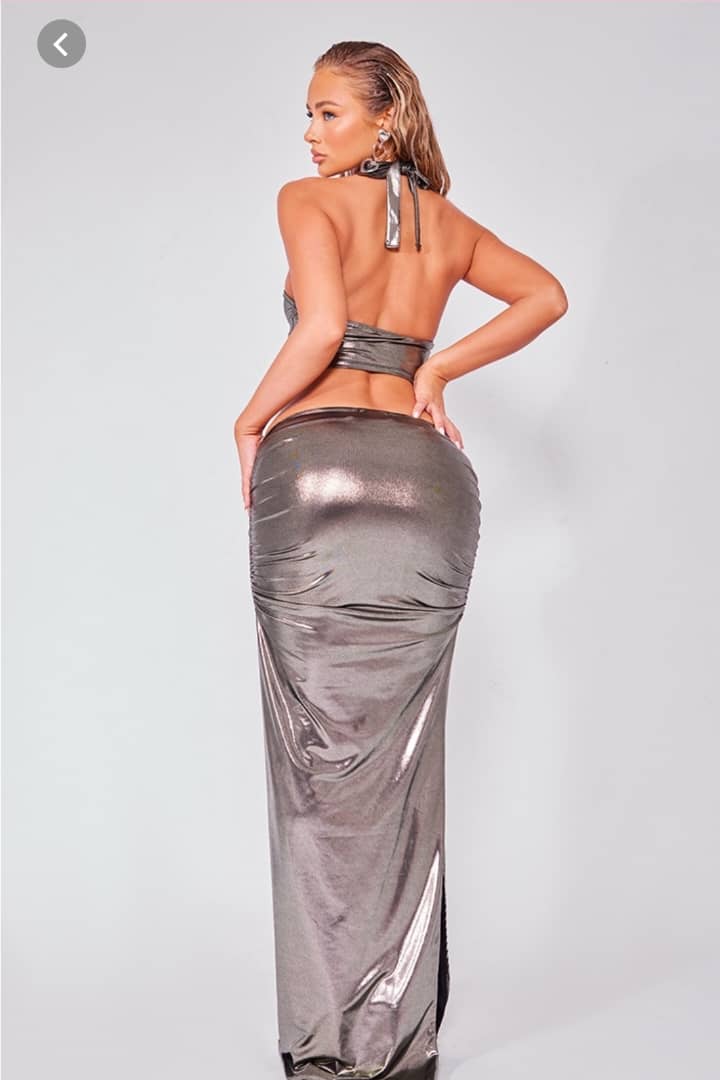 Silver Grey Metallic Slinky Halterneck cut out ruched maxi Dress.